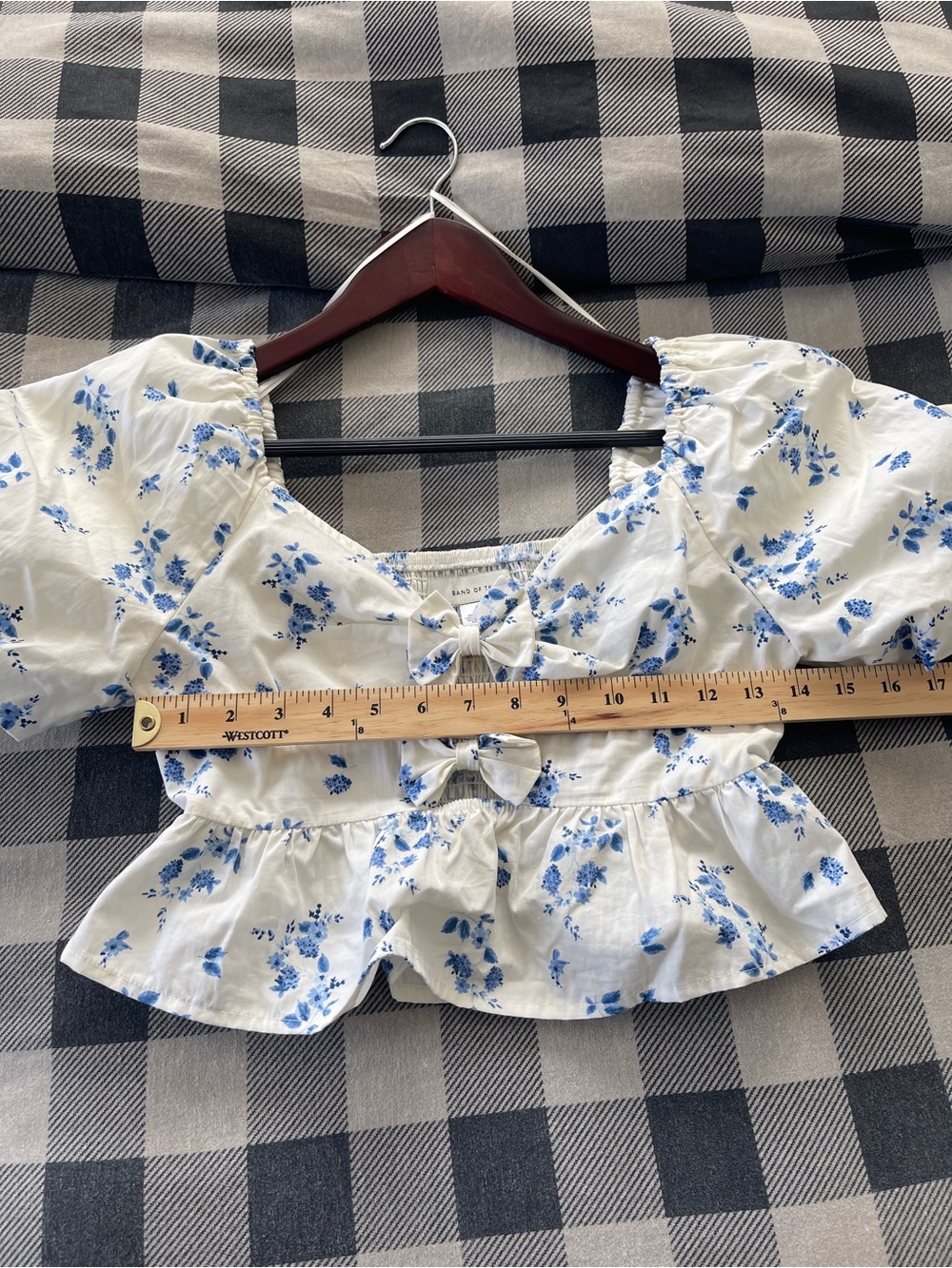 Band of the Free Los Angeles Blue Floral Smocked Peplum Puff Sleeve Crop Top S - Picture 5 of 6